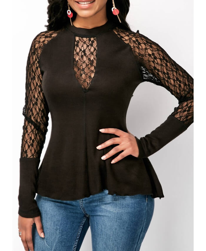 Long Sleeve Mock Neck Lace Panel Blouse